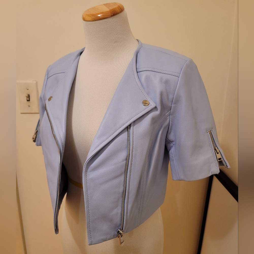 Lamarque Kirsi Cropped Moto Biker Jacket Powdee Blue Size XS NWT - Picture 2 of 7